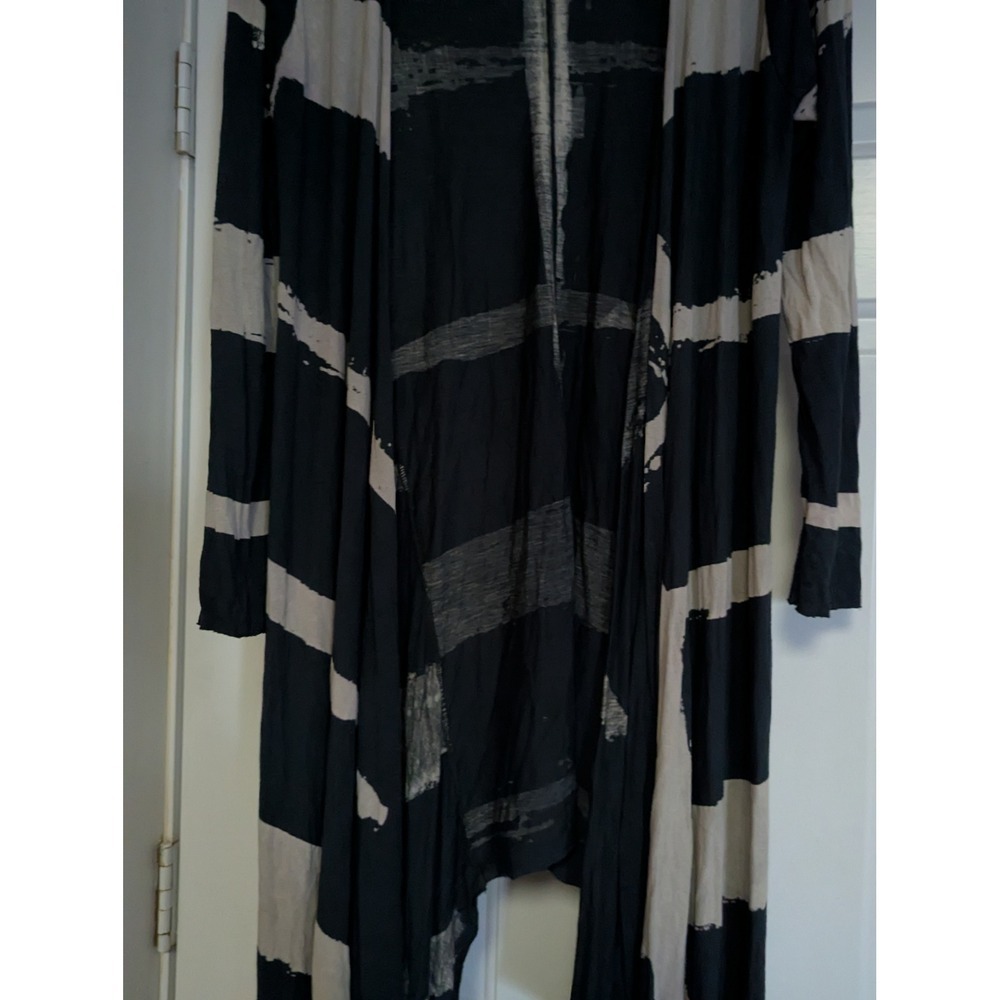 Religion Striped Longline Cardigan Open Front Duster Rayon Knit Gray Black S - Picture 11 of 11